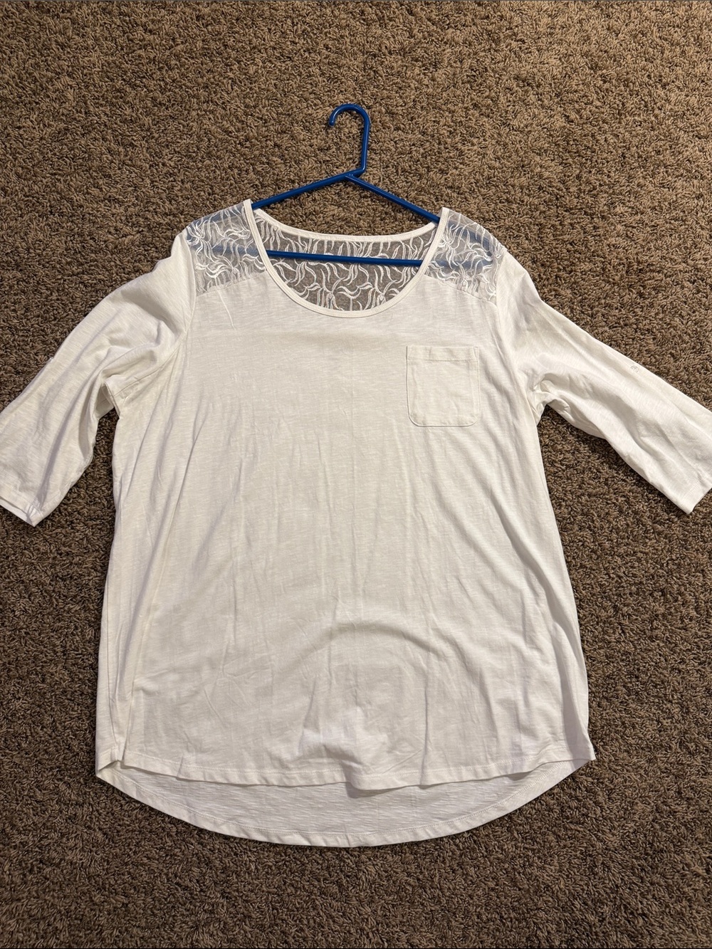 Roaman's White Lace Yoke Scoop Neck Long Sleeve Tee